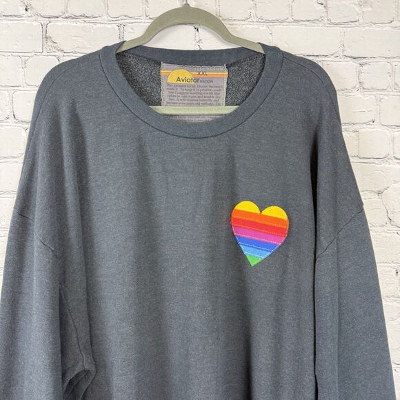 Aviator Nation Charcoal Rainbow Heart Stitch Relaxed Crew Sweatshirt XXL Unisex - Picture 2 of 9
